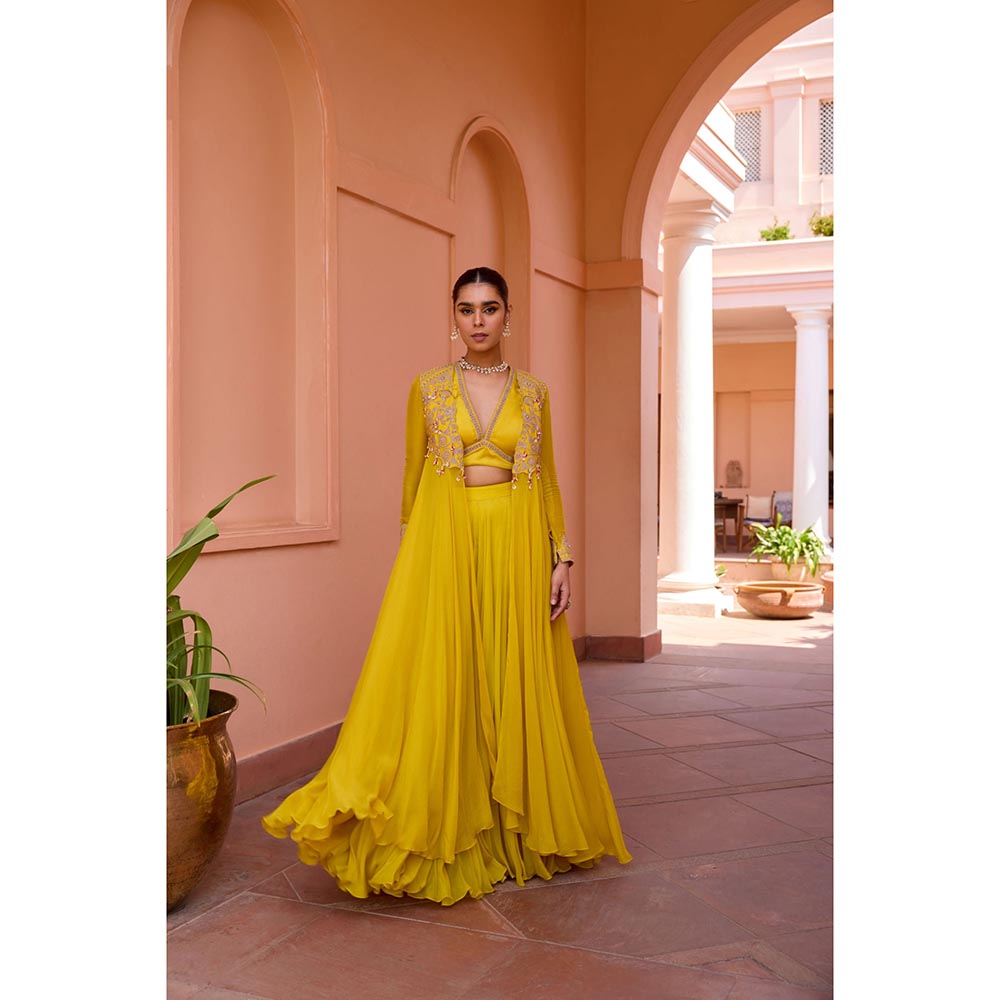 ISHA GUPTA TAYAL Yellow Amruta Khanvilkar In Mastani Top and Sharara and Jacket Set