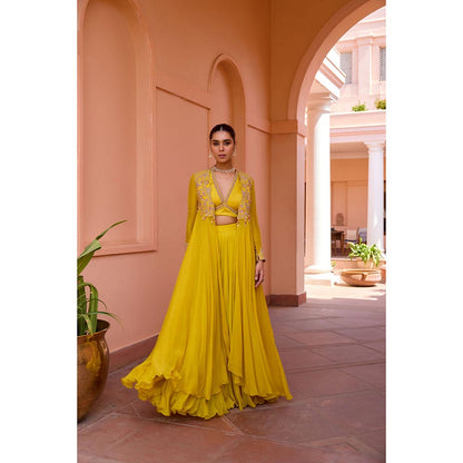 ISHA GUPTA TAYAL Yellow Amruta Khanvilkar In Mastani Top and Sharara and Jacket Set