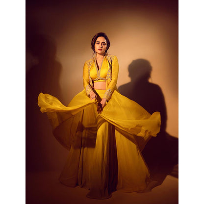 ISHA GUPTA TAYAL Yellow Amruta Khanvilkar In Mastani Top and Sharara and Jacket Set