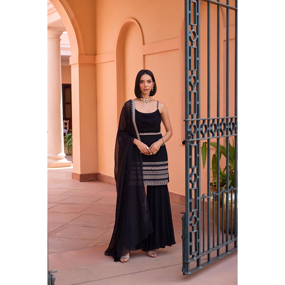 ISHA GUPTA TAYAL Black Adah Kurta and Sharara Set with Dupatta