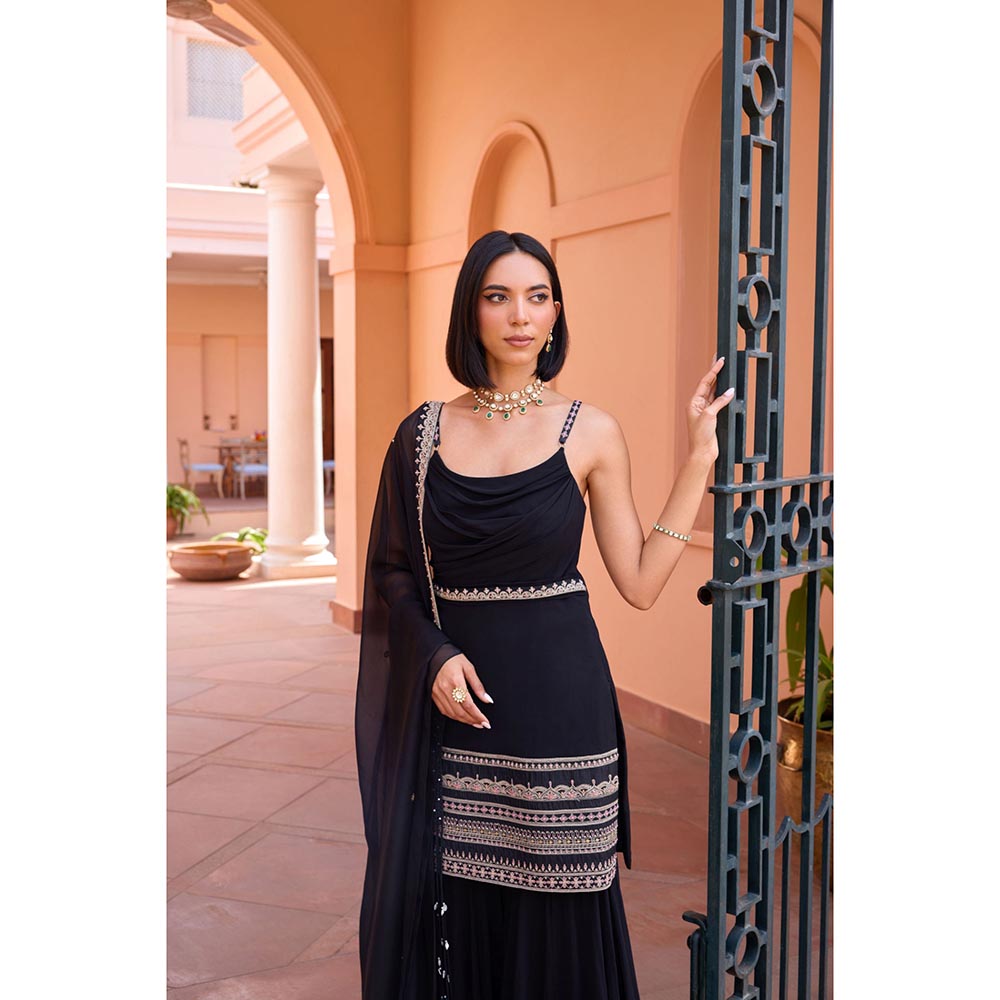 ISHA GUPTA TAYAL Black Adah Kurta and Sharara Set with Dupatta