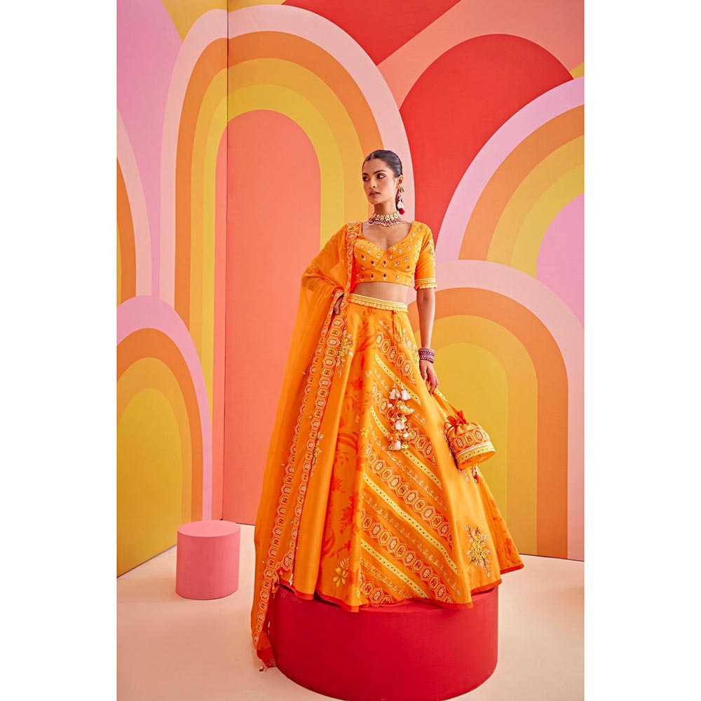 ISHA GUPTA TAYAL Tangerine Orange Embroidered Silk Lehenga and Blouse with Dupatta