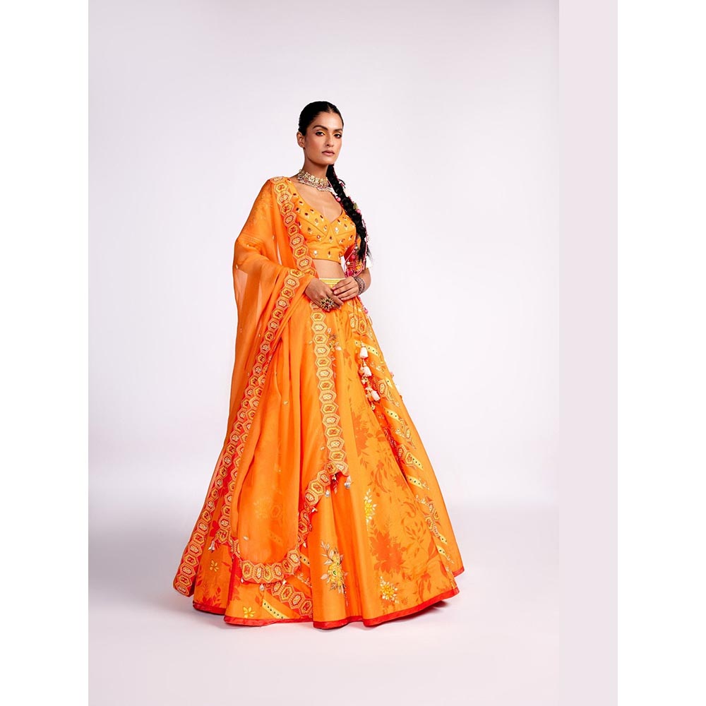 ISHA GUPTA TAYAL Tangerine Orange Embroidered Silk Lehenga and Blouse with Dupatta