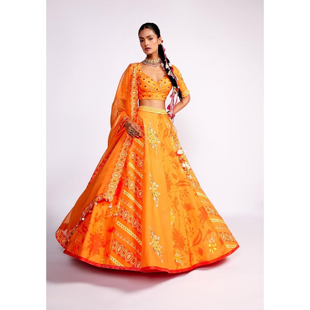 ISHA GUPTA TAYAL Tangerine Orange Embroidered Silk Lehenga and Blouse with Dupatta