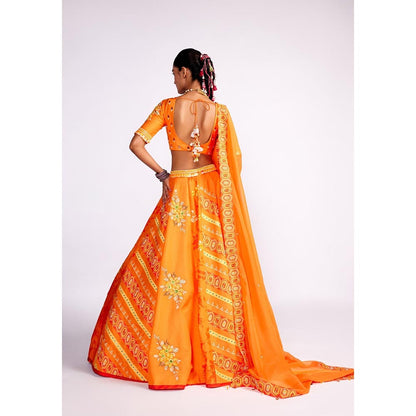 ISHA GUPTA TAYAL Tangerine Orange Embroidered Silk Lehenga and Blouse with Dupatta