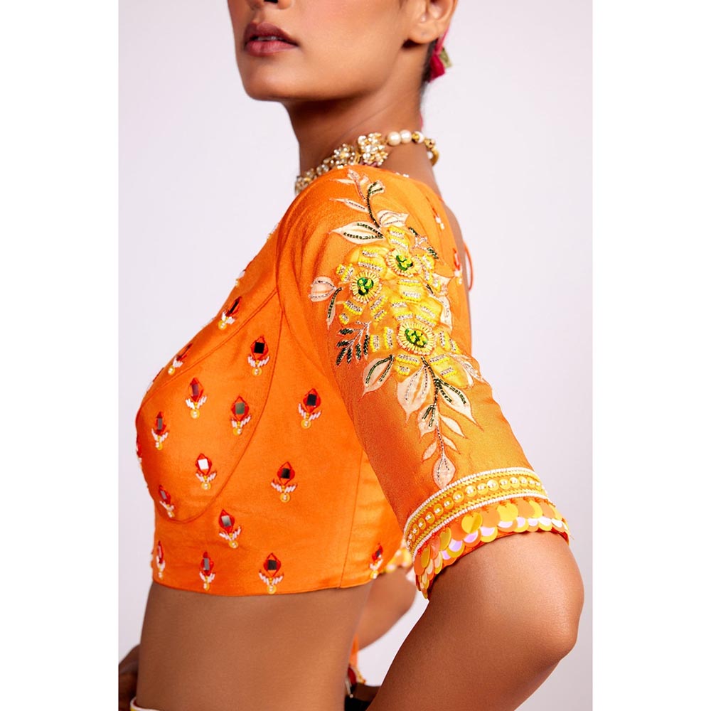 ISHA GUPTA TAYAL Tangerine Orange Embroidered Silk Lehenga and Blouse with Dupatta