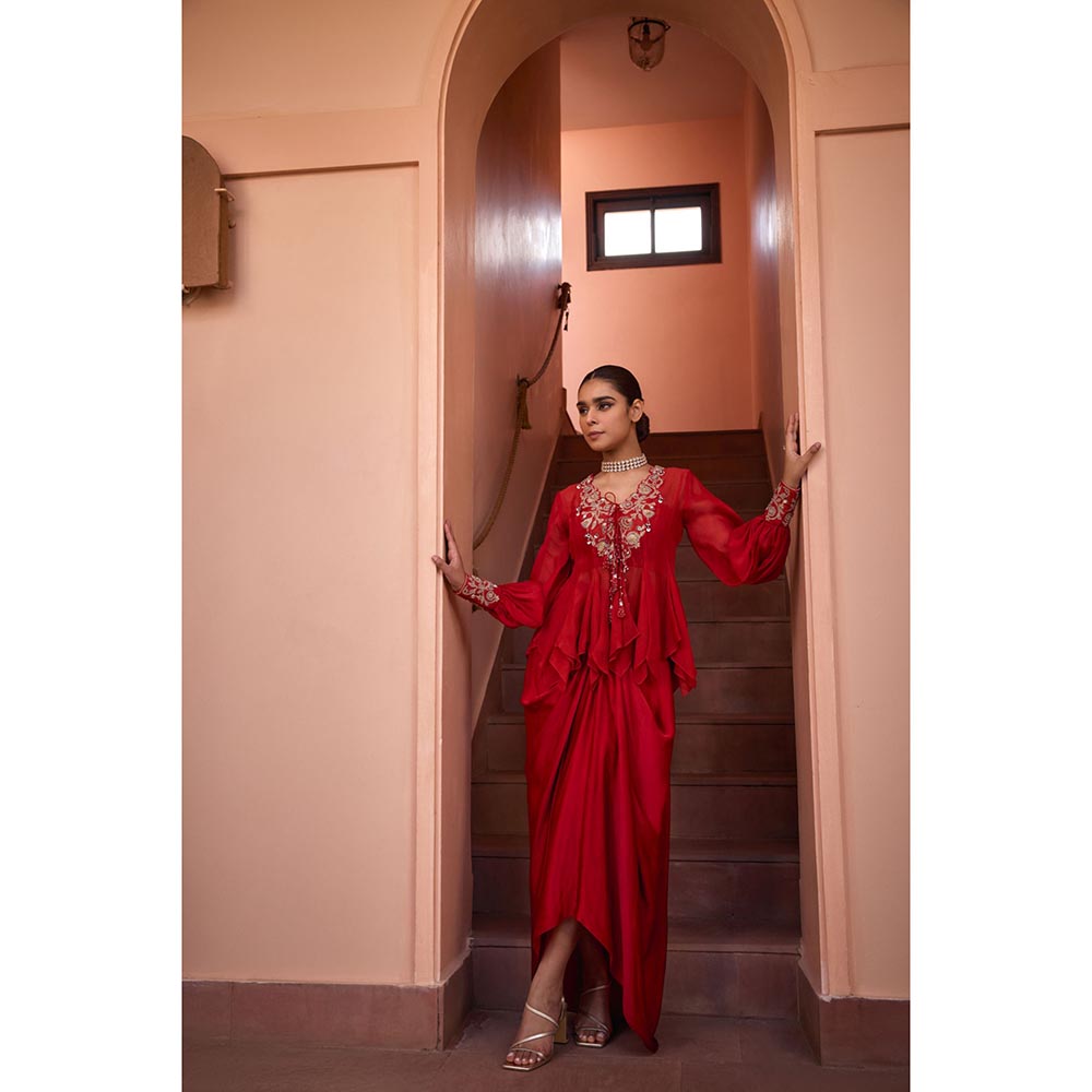 ISHA GUPTA TAYAL Red Shabnami Drape Skirt and Embroidered Top Set