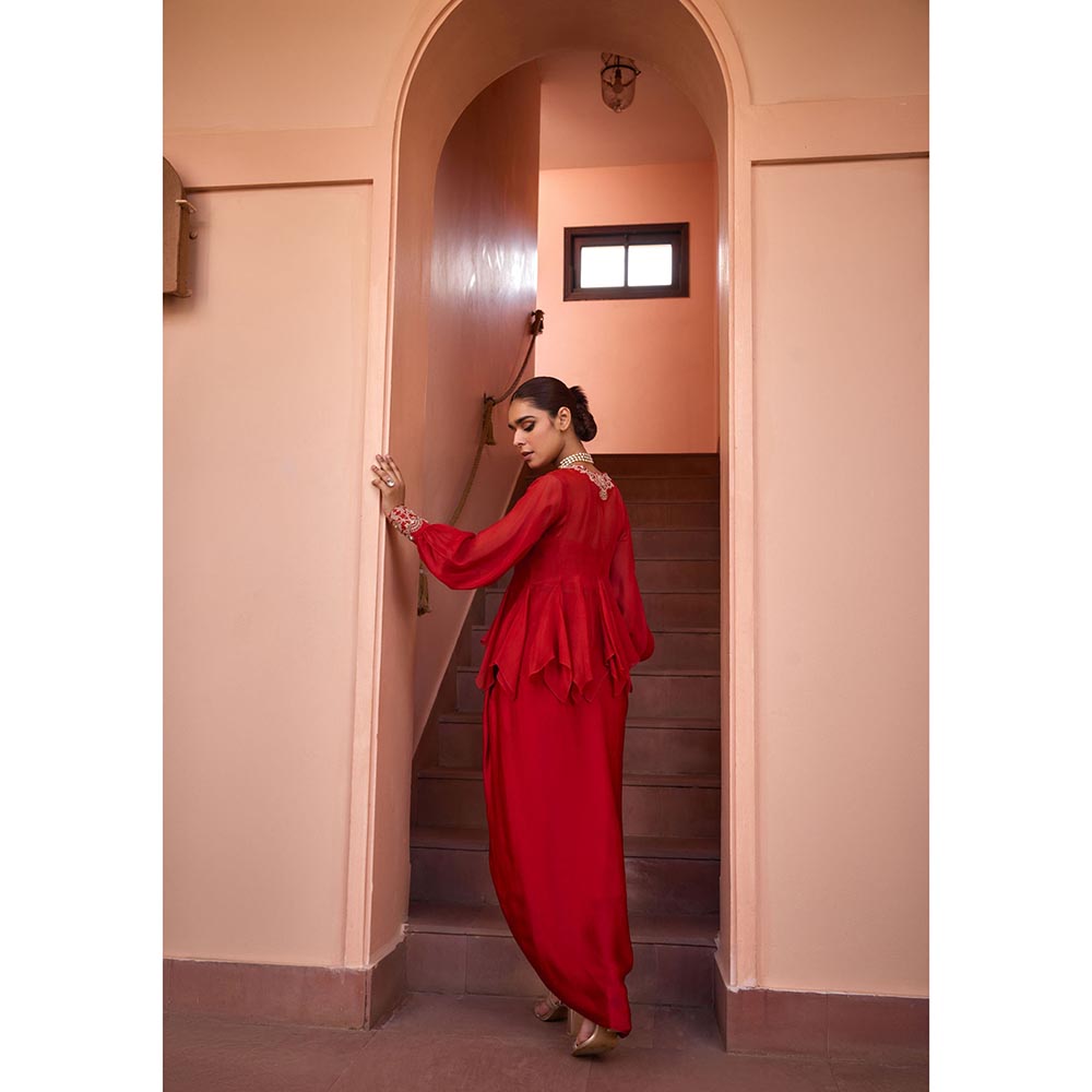 ISHA GUPTA TAYAL Red Shabnami Drape Skirt and Embroidered Top Set