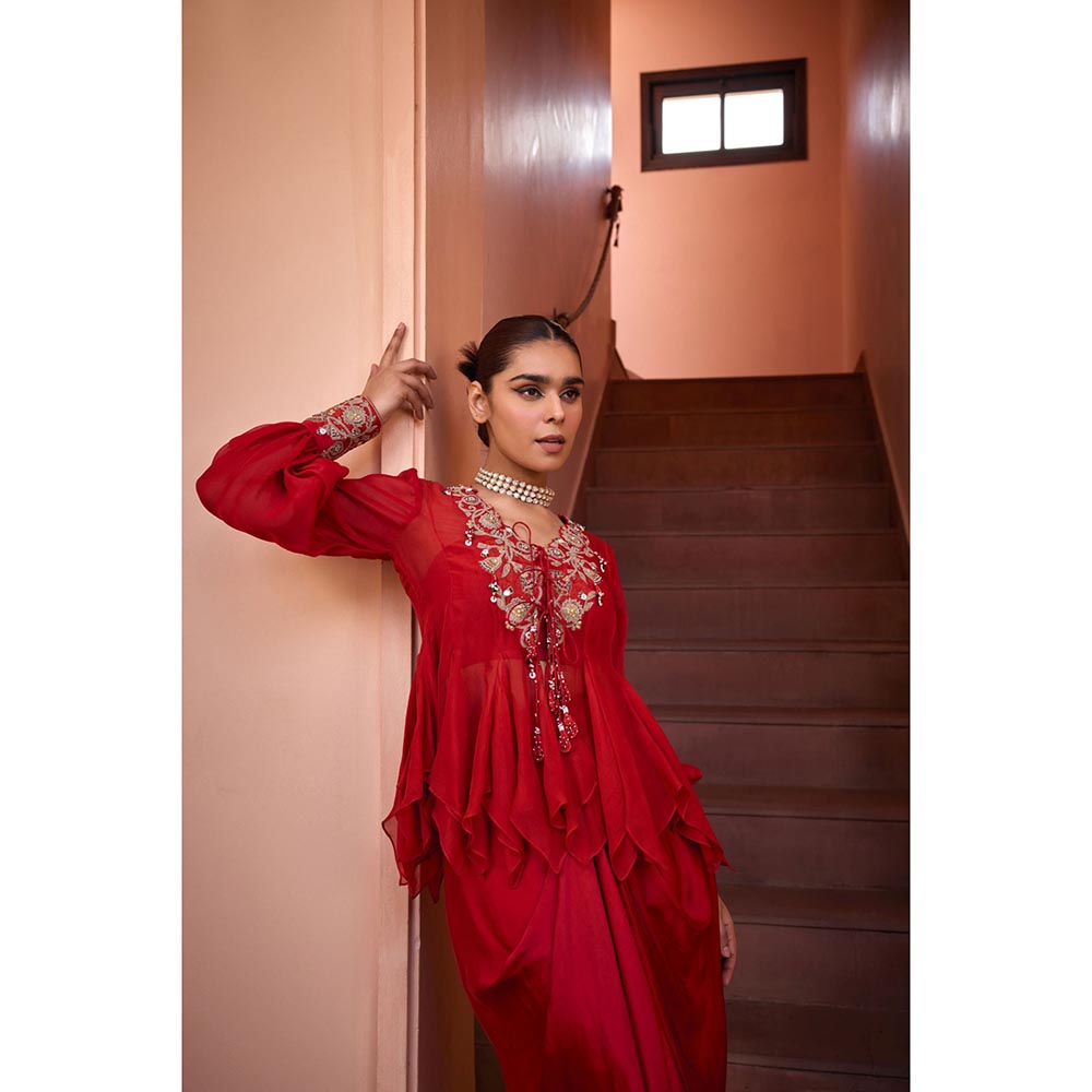 ISHA GUPTA TAYAL Red Shabnami Drape Skirt and Embroidered Top Set