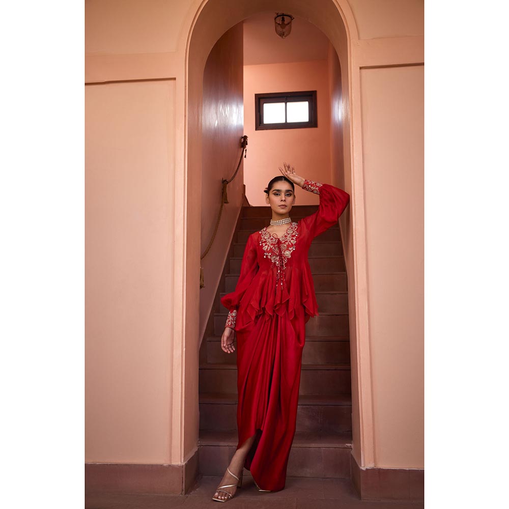 ISHA GUPTA TAYAL Red Shabnami Drape Skirt and Embroidered Top Set