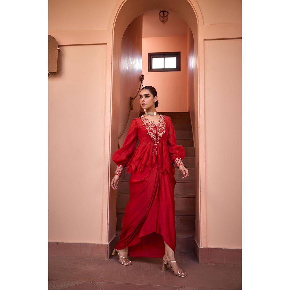 ISHA GUPTA TAYAL Red Shabnami Drape Skirt and Embroidered Top Set