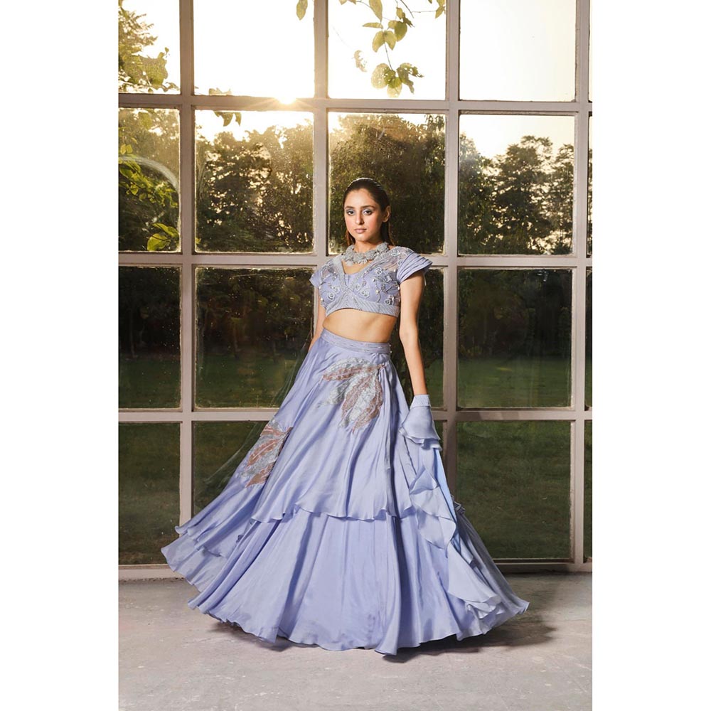 ISHA GUPTA TAYAL Periwinkle Embroidered Double Layer Lehenga and Blouse with Ruffle Dupatta