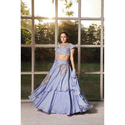 ISHA GUPTA TAYAL Periwinkle Embroidered Double Layer Lehenga and Blouse with Ruffle Dupatta