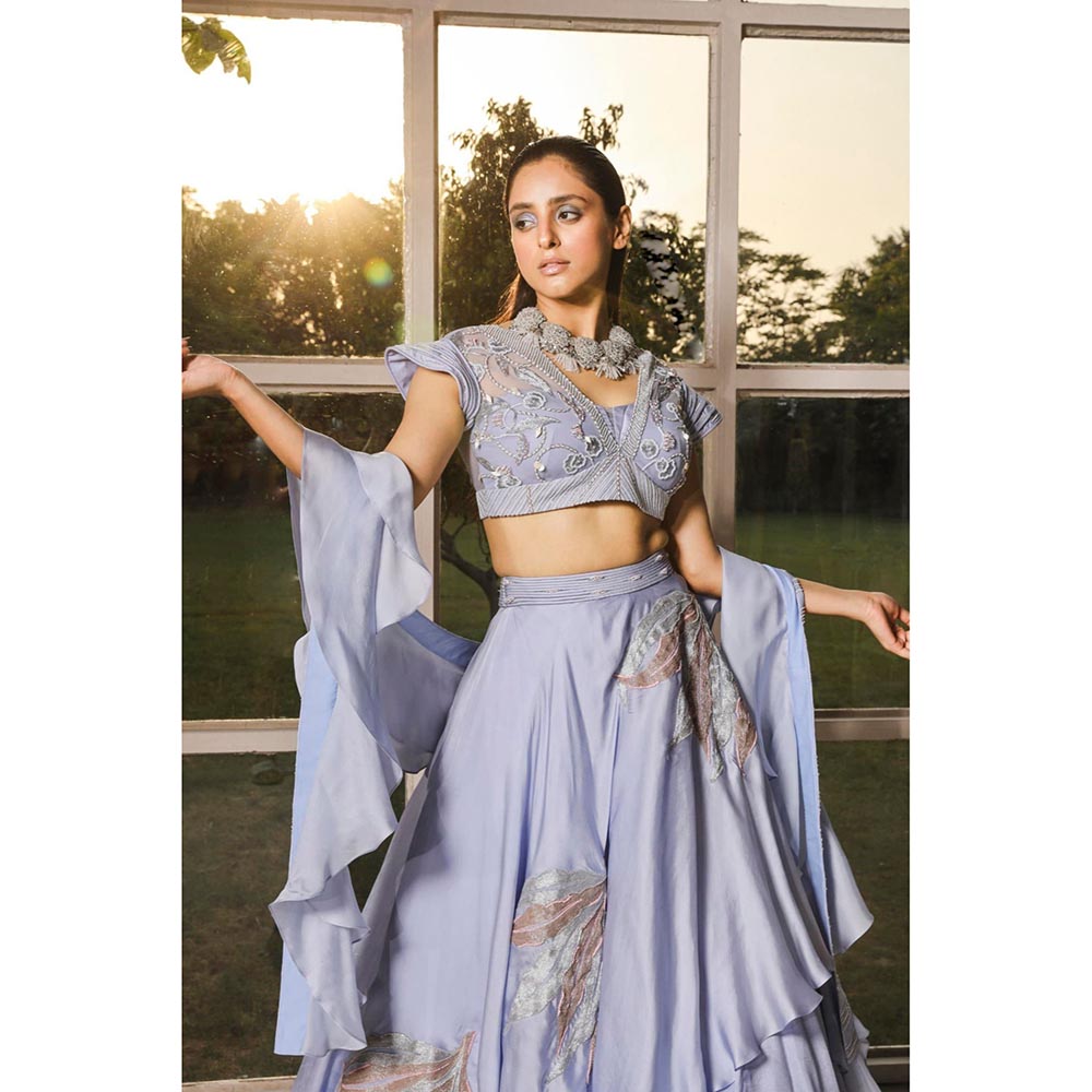 ISHA GUPTA TAYAL Periwinkle Embroidered Double Layer Lehenga and Blouse with Ruffle Dupatta