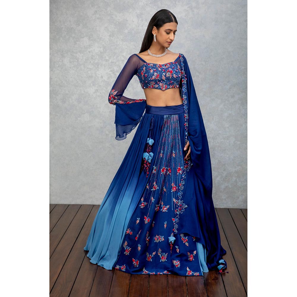 ISHA GUPTA TAYAL Tanzanite Blue Chiffon Embellished Lehenga and Blouse with Dupatta