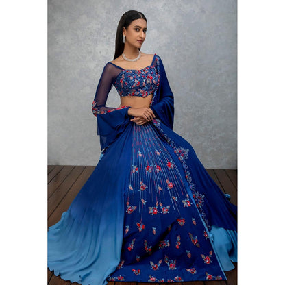 ISHA GUPTA TAYAL Tanzanite Blue Chiffon Embellished Lehenga and Blouse with Dupatta