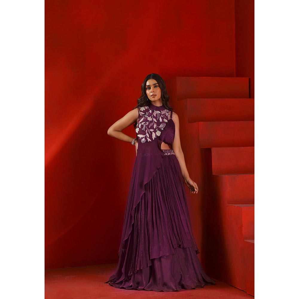 ISHA GUPTA TAYAL Mahagony Wine Embroidered Lehenga and Blouse with Drape Cape