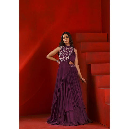 ISHA GUPTA TAYAL Mahagony Wine Embroidered Lehenga and Blouse with Drape Cape