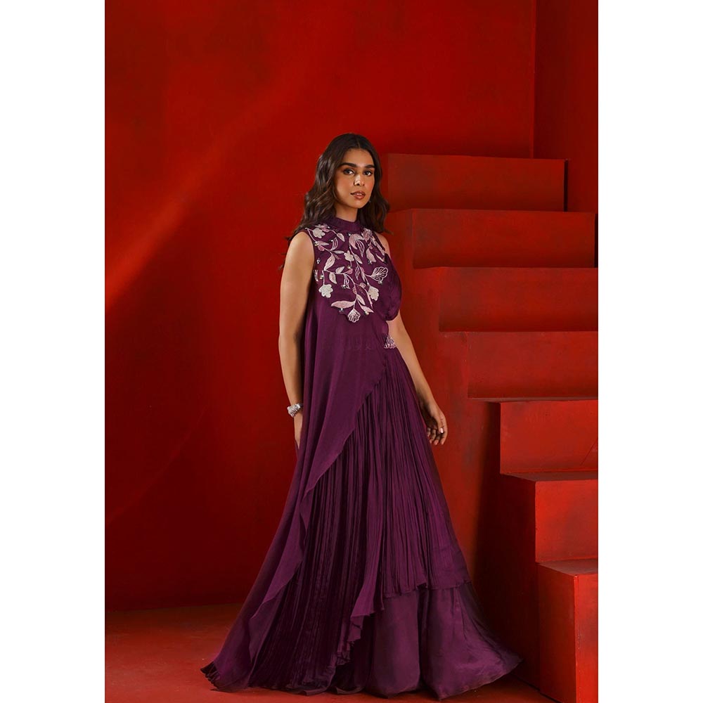 ISHA GUPTA TAYAL Mahagony Wine Embroidered Lehenga and Blouse with Drape Cape