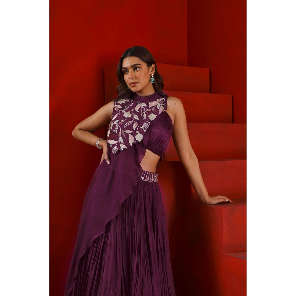 ISHA GUPTA TAYAL Mahagony Wine Embroidered Lehenga and Blouse with Drape Cape