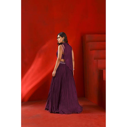 ISHA GUPTA TAYAL Mahagony Wine Embroidered Lehenga and Blouse with Drape Cape