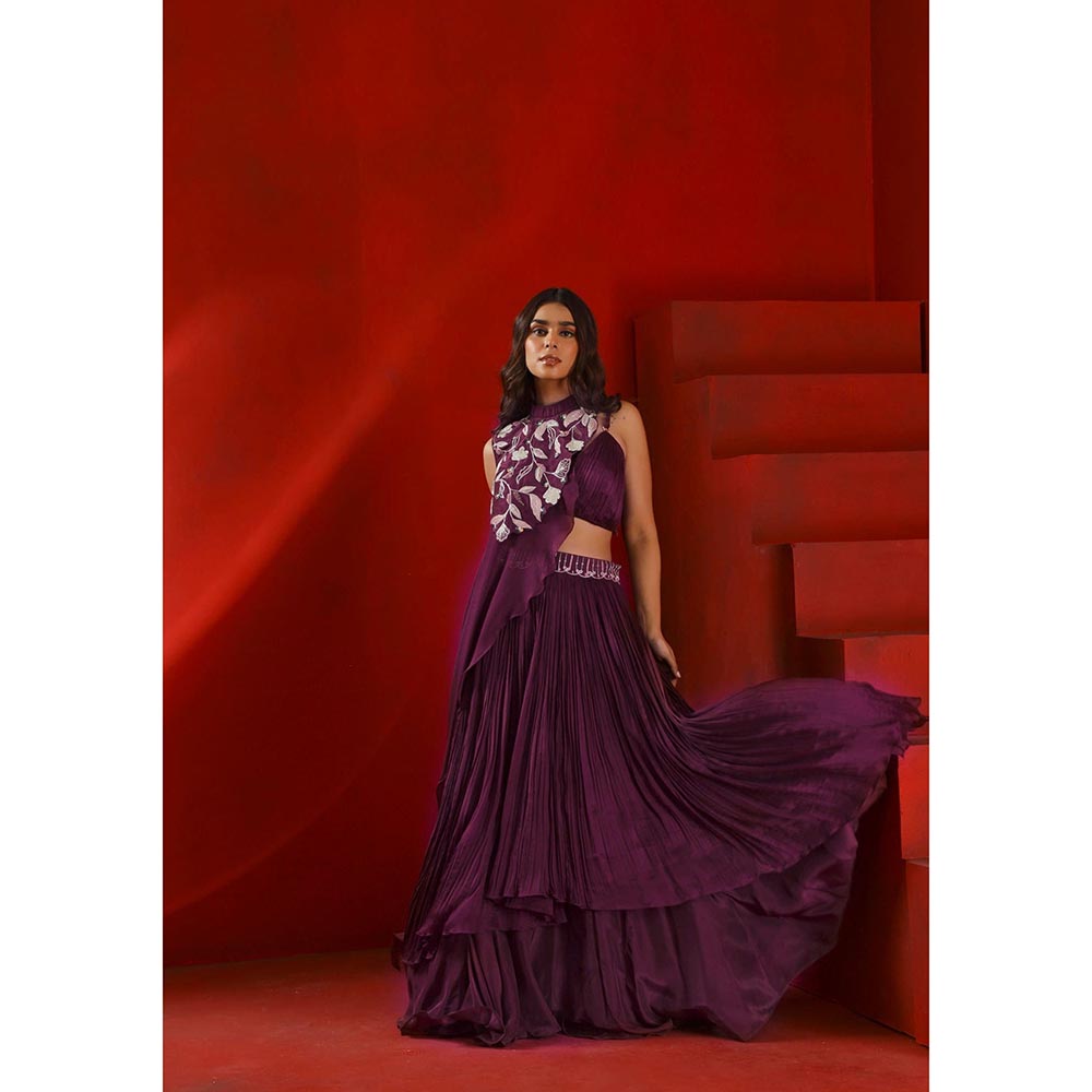 ISHA GUPTA TAYAL Mahagony Wine Embroidered Lehenga and Blouse with Drape Cape