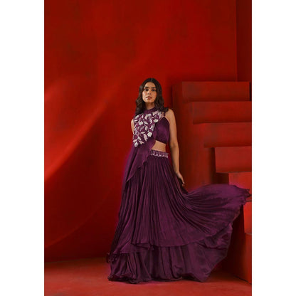 ISHA GUPTA TAYAL Mahagony Wine Embroidered Lehenga and Blouse with Drape Cape