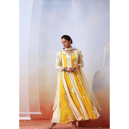 ISHA GUPTA TAYAL yellow printed and embroidered anarakali set