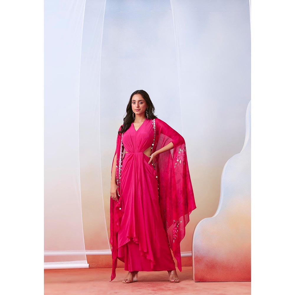 ISHA GUPTA TAYAL Pink drape dress with printed cape jacket