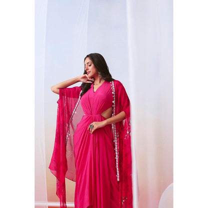 ISHA GUPTA TAYAL Pink drape dress with printed cape jacket
