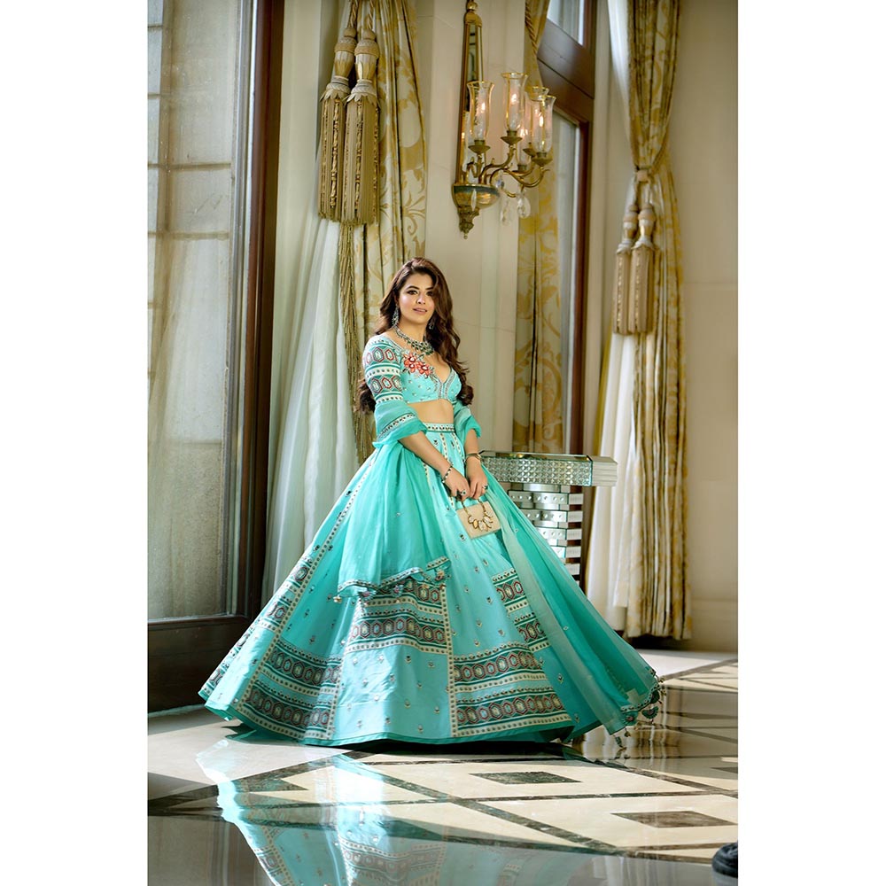 ISHA GUPTA TAYAL Natasha Luthra in Aqua Green Embroidered Silk Lehenga and Blouse with Dupatta