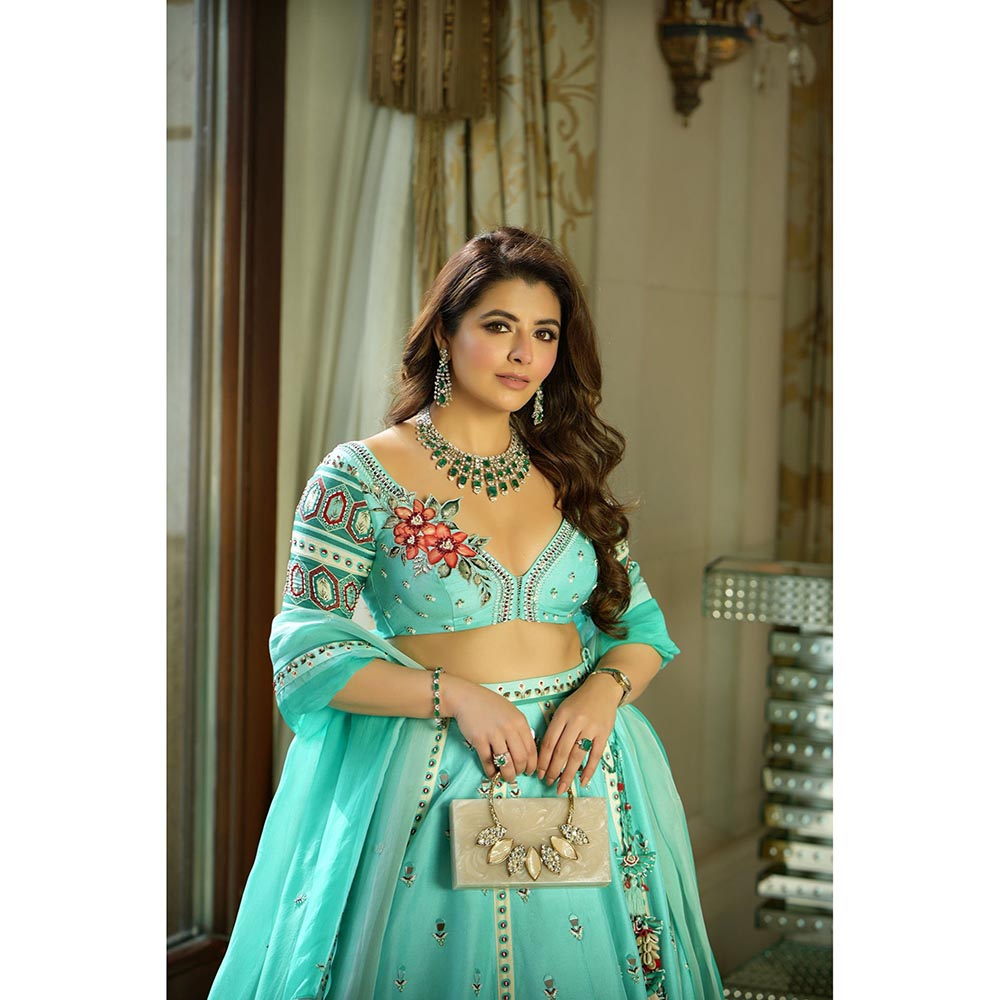 ISHA GUPTA TAYAL Natasha Luthra in Aqua Green Embroidered Silk Lehenga and Blouse with Dupatta