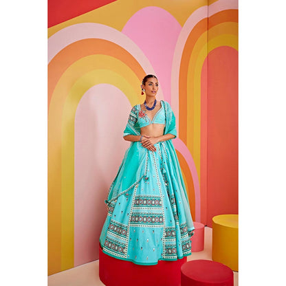 ISHA GUPTA TAYAL Natasha Luthra in Aqua Green Embroidered Silk Lehenga and Blouse with Dupatta