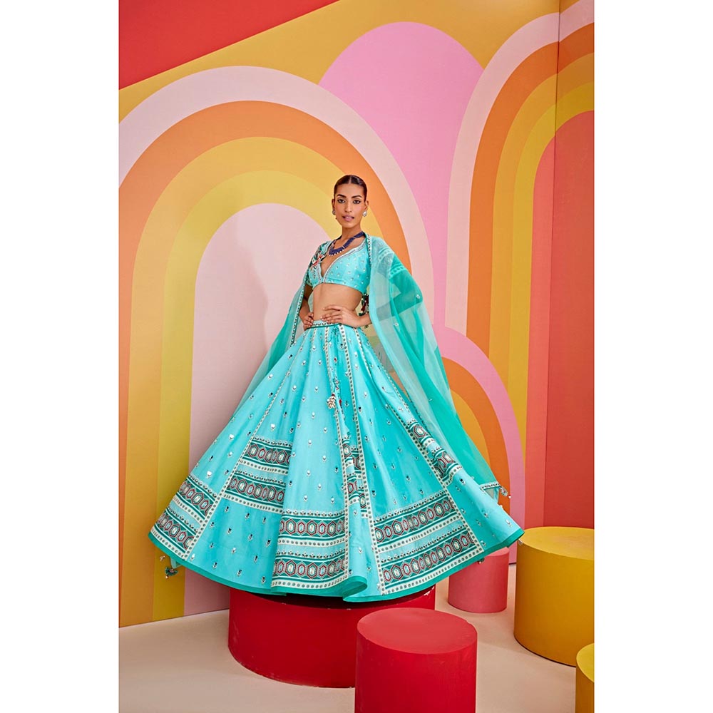 ISHA GUPTA TAYAL Natasha Luthra in Aqua Green Embroidered Silk Lehenga and Blouse with Dupatta