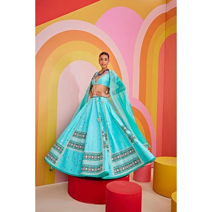 ISHA GUPTA TAYAL Natasha Luthra in Aqua Green Embroidered Silk Lehenga and Blouse with Dupatta