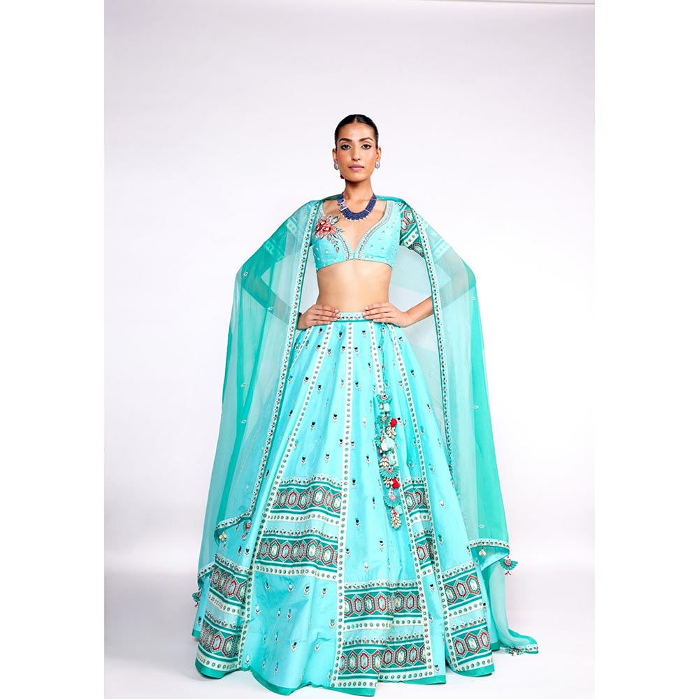 ISHA GUPTA TAYAL Natasha Luthra in Aqua Green Embroidered Silk Lehenga and Blouse with Dupatta