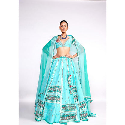 ISHA GUPTA TAYAL Natasha Luthra in Aqua Green Embroidered Silk Lehenga and Blouse with Dupatta