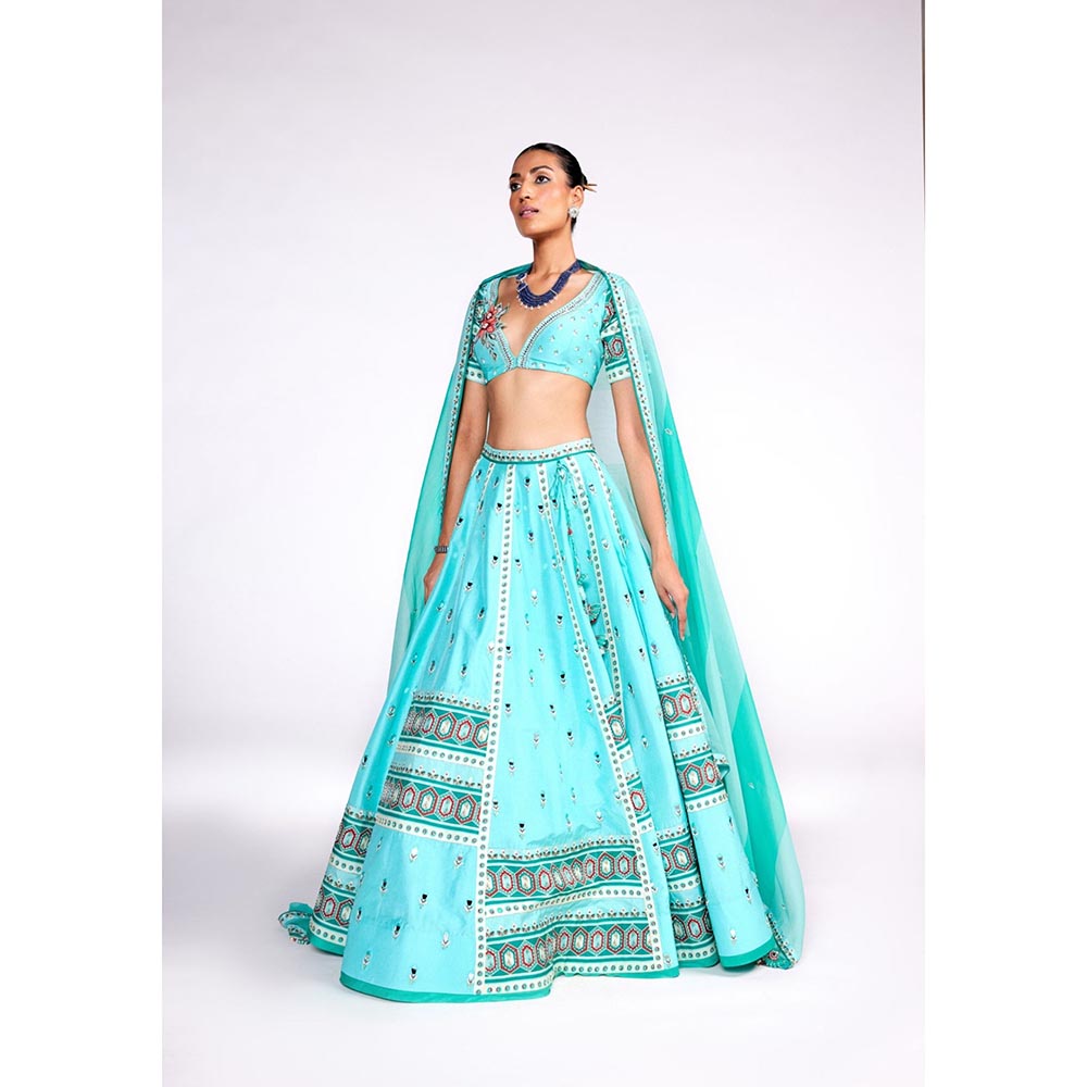 ISHA GUPTA TAYAL Natasha Luthra in Aqua Green Embroidered Silk Lehenga and Blouse with Dupatta