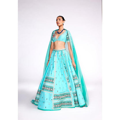 ISHA GUPTA TAYAL Natasha Luthra in Aqua Green Embroidered Silk Lehenga and Blouse with Dupatta
