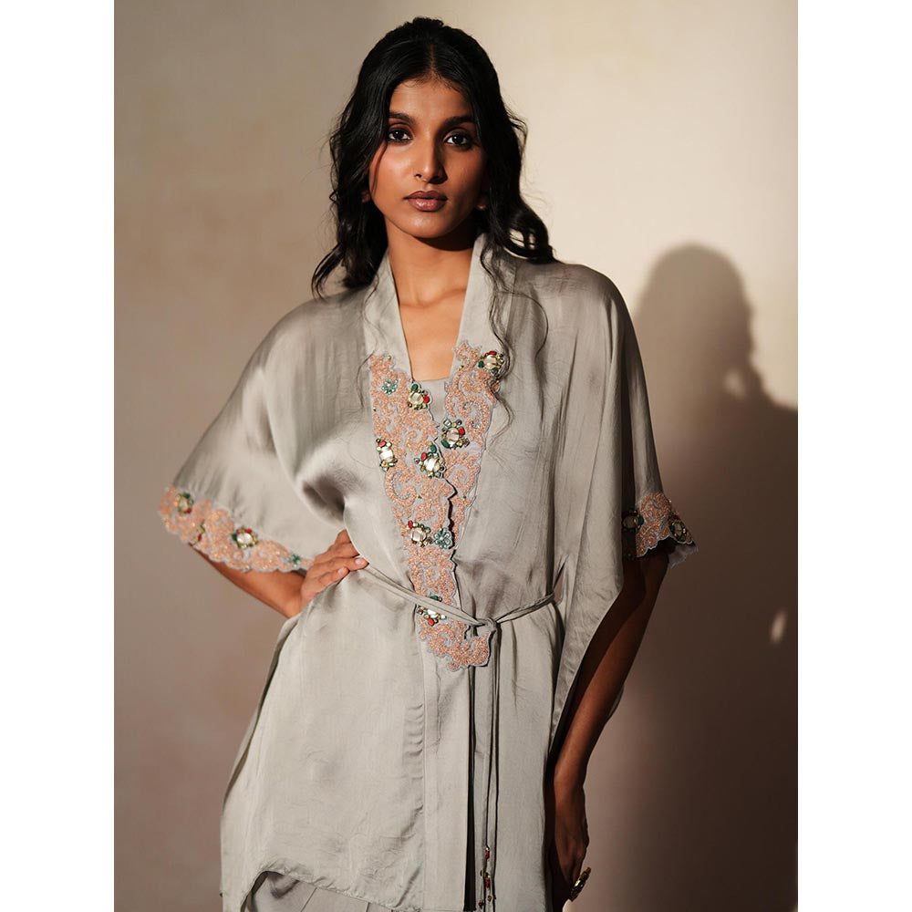ISHA GUPTA TAYAL Silver Aiyana Top and Skirt Set with Bustier and Belt