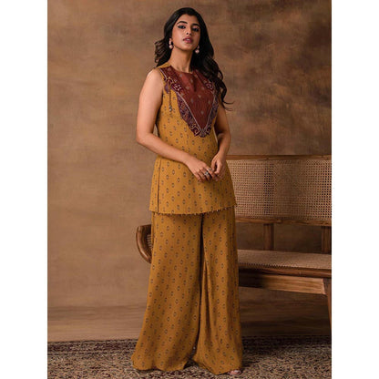 ISHA GUPTA TAYAL Taraab Mustard Gold Crepe Peplum Top and Pant Set