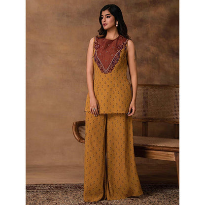 ISHA GUPTA TAYAL Taraab Mustard Gold Crepe Peplum Top and Pant Set