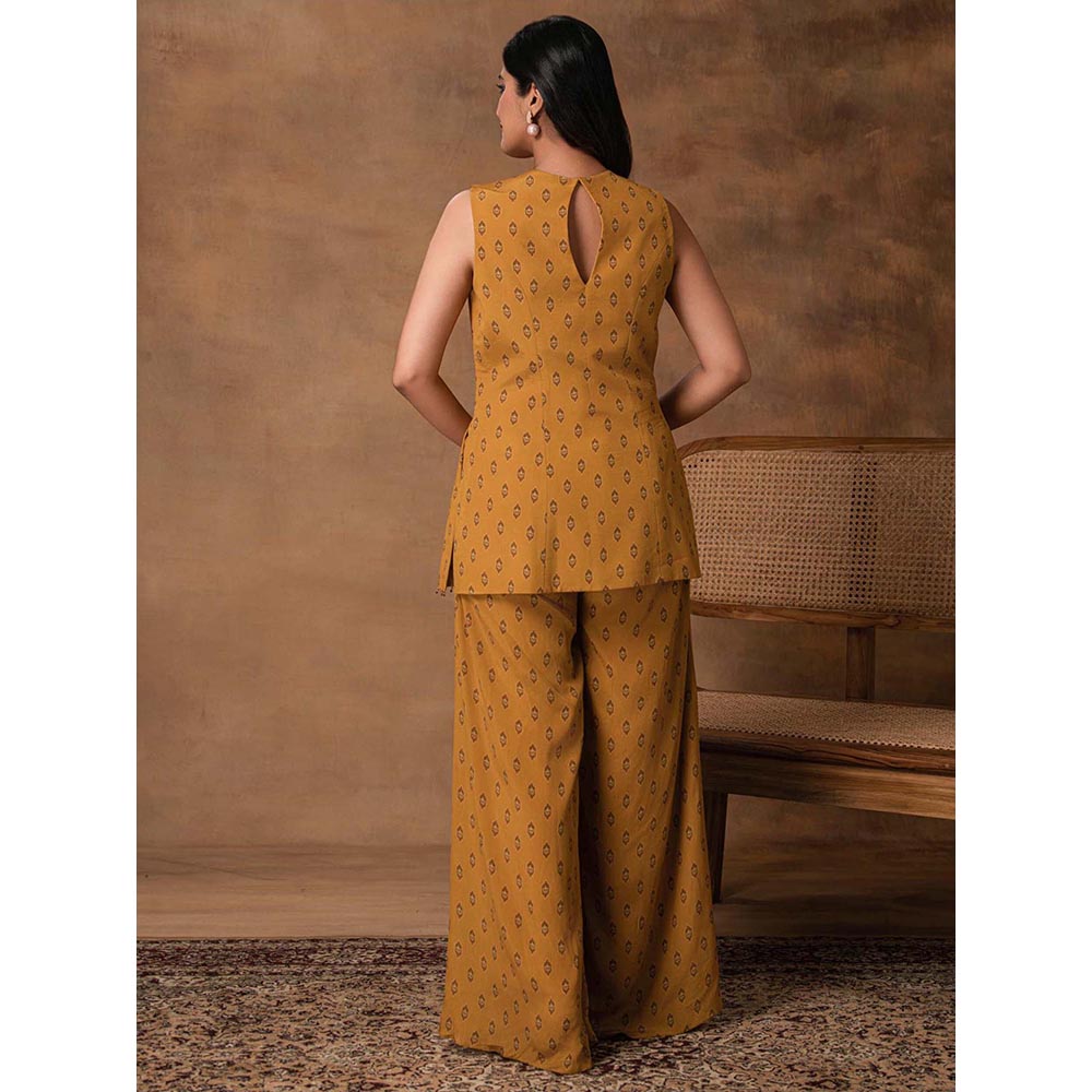 ISHA GUPTA TAYAL Taraab Mustard Gold Crepe Peplum Top and Pant Set