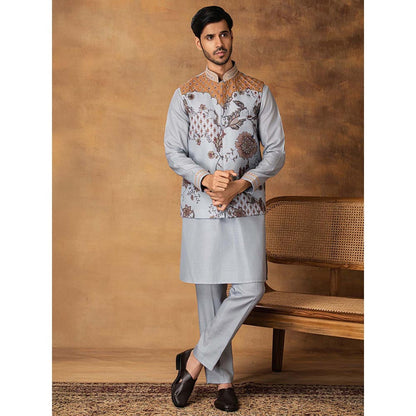 ISHA GUPTA TAYAL Grey Floral Printed and Embroidered Kurt and Pant with Nehru Jacket Set