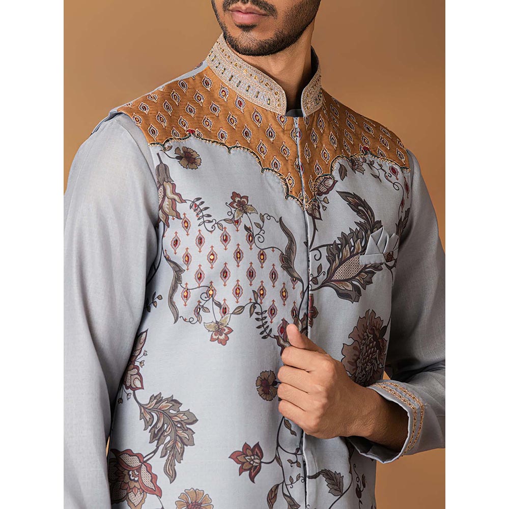 ISHA GUPTA TAYAL Grey Floral Printed and Embroidered Kurt and Pant with Nehru Jacket Set