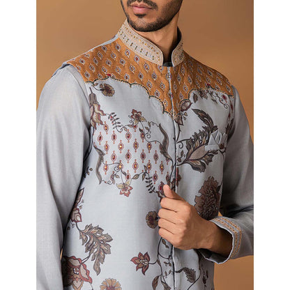 ISHA GUPTA TAYAL Grey Floral Printed and Embroidered Kurt and Pant with Nehru Jacket Set