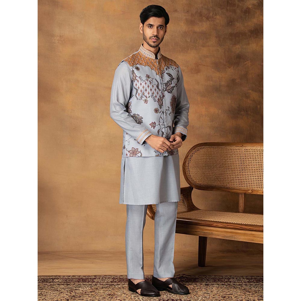 ISHA GUPTA TAYAL Grey Floral Printed and Embroidered Kurt and Pant with Nehru Jacket Set