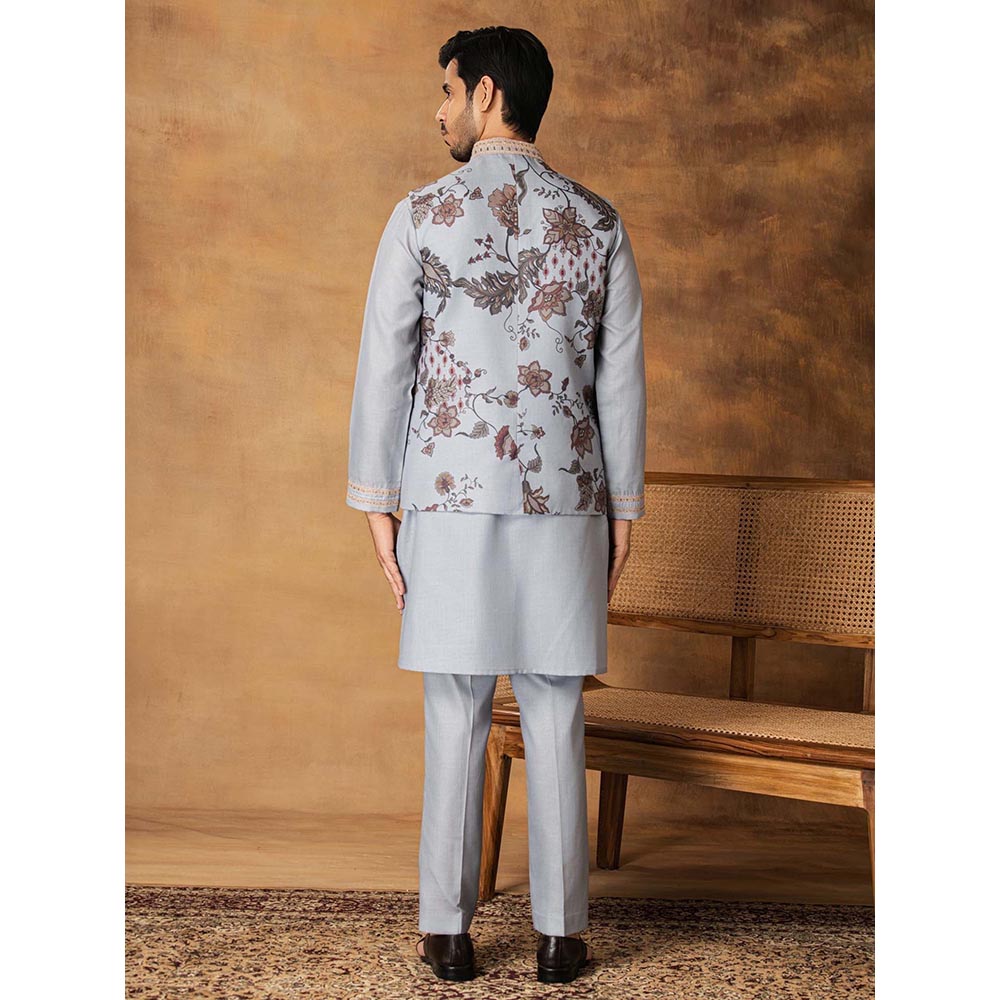 ISHA GUPTA TAYAL Grey Floral Printed and Embroidered Kurt and Pant with Nehru Jacket Set