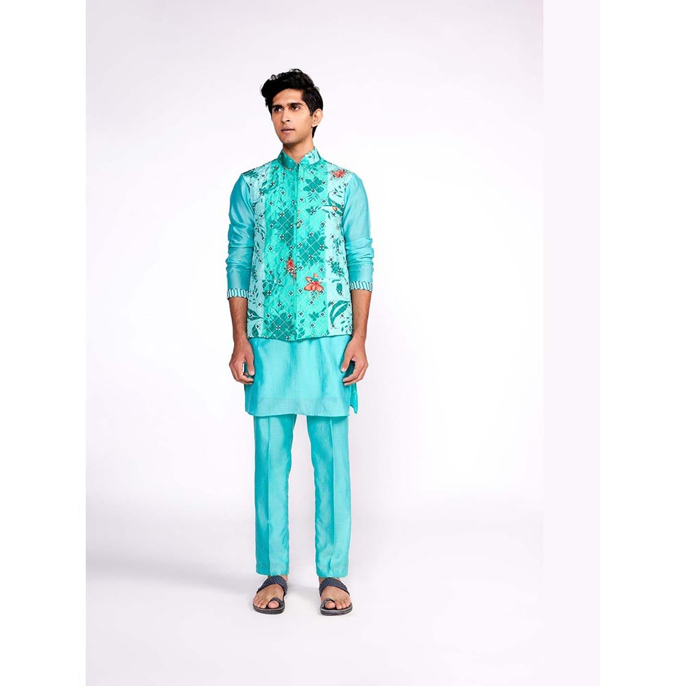 ISHA GUPTA TAYAL Aqua Green Embroidered Kurta and Pant with Nehru Jacket Set