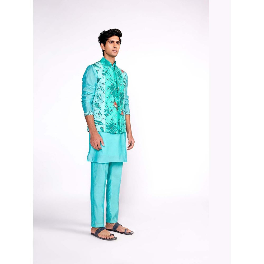 ISHA GUPTA TAYAL Aqua Green Embroidered Kurta and Pant with Nehru Jacket Set